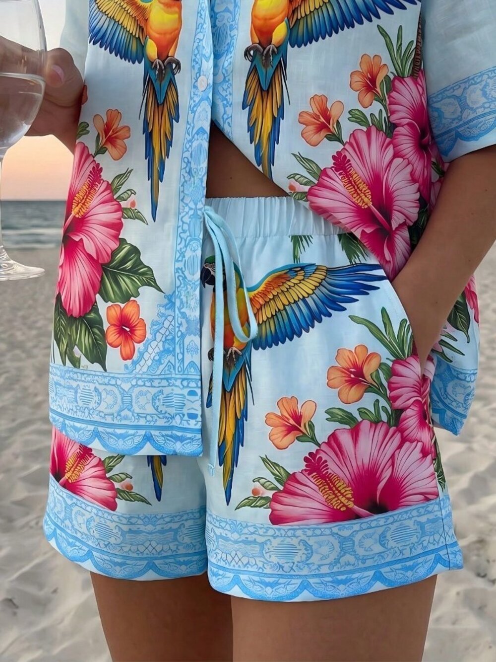 Baby Blue Boho Women's Casual Coconut Tree Floral Print Top and Shorts Set - Picture 5 of 5